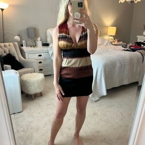 Bebe Red and Cream Bodycon Mini Dress Plunge Neckline